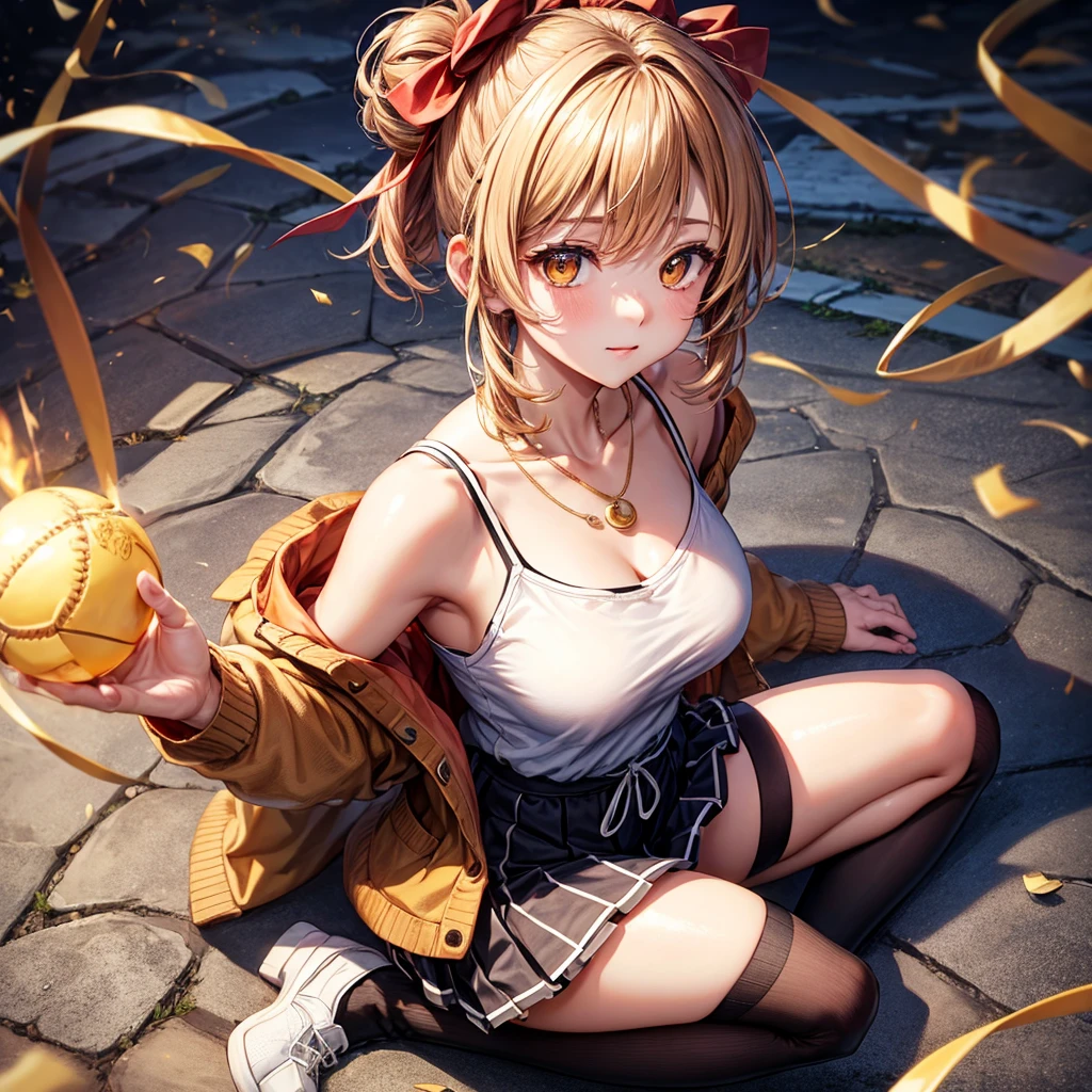 Red, brown, gold, gold hair、Golden Eyes、Hair tied up、One good looking girl、solo、anime、Checkered mini skirt、Ruffles on the skirt、camisole、camisole、Lightweight cardigan、Black knee-high socks、Wearing a baseball cap、Wearing a ribbon、Ribbon on waist、Teeth are visible、Sunset sky、Cumulonimbus、Silver coin necklace、shine、From above、Sparks are flying、cave、Cobblestones、sitting on a stone