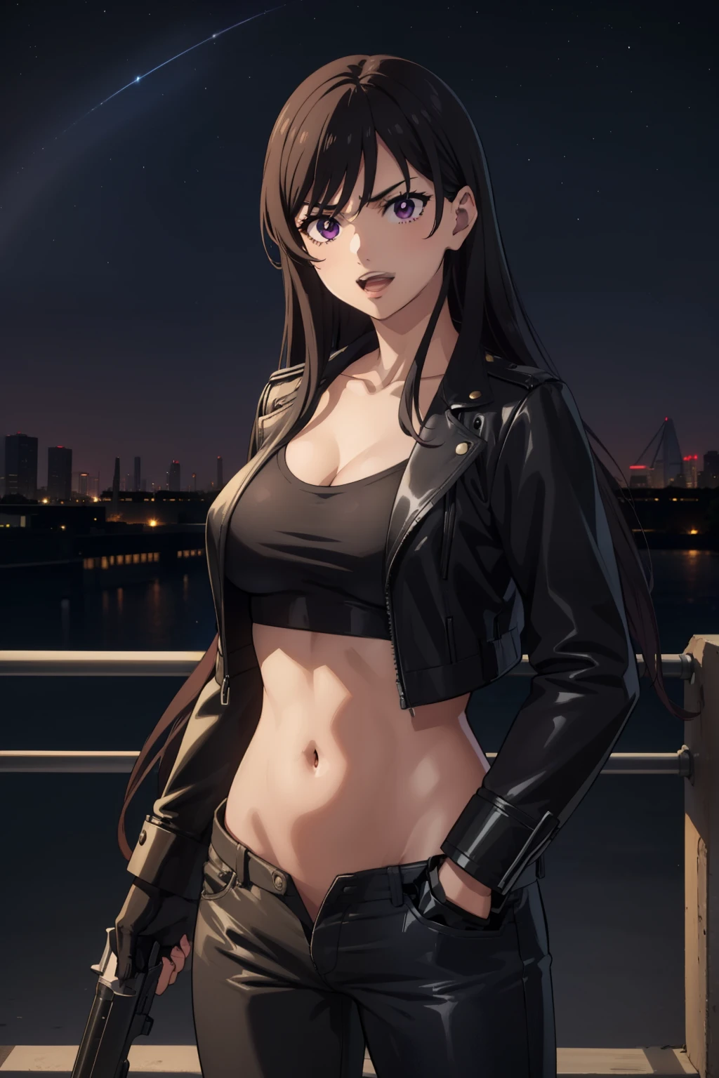 hizuruminakata, hizuru minakata, long hair, black hair, (purple eyes:1.1), 
blush, lipstick, outdoors, rooftop, cityscape, building, railing, night, night sky, scenery, city lights, fur trim, mature female, gloves, fur-trimmed coat, masterpiece, best quality, highly detailed, a girls with a gun, evil smile , open mouth, sexy gaze, badass pose , evil smile, smile, guns blazing, anime girl with long hair, beautiful long haired girl, navel, evil expression, exposed belly, exposed navel, exposed midriff, exposed lower belly, long black pants, crop top, cleavage, unbuttoned leather pants ,open fly, low rise black leather pants, leather jacket, holding a gun,