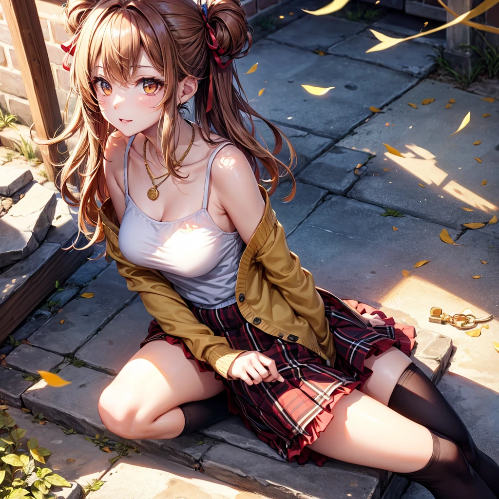 Red, brown, gold, gold hair、Golden Eyes、Hair tied up、One good looking girl、solo、anime、Checkered mini skirt、Ruffles on the skirt、camisole、camisole、Lightweight cardigan、Black knee-high socks、Wearing a baseball cap、Ribbon、Ribbon on waist、Teeth are visible、Sunset sky、Cumulonimbus、Silver coin necklace、shine、From above、Sparks are flying、tunnel、Cobblestones、Sitting on the stairs
