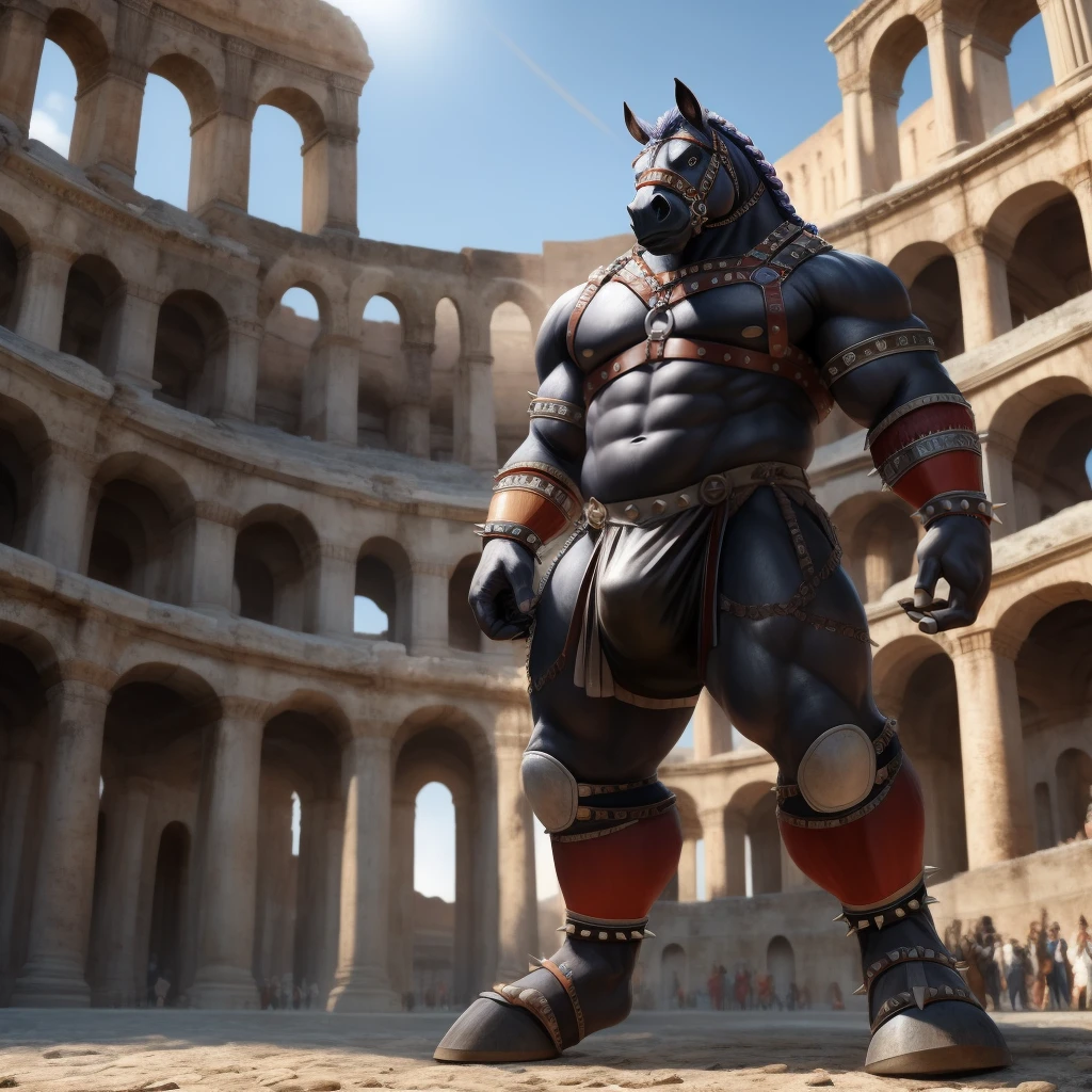 Furry, Kemono, Antropomorphic, Equine, Horse, (Color White), Furry Antropometric legs, Hooves, Antro body, Bigg Ass, Male Bulge, Bigg Balls, Full body, Braided Mane, Roman gladiator armor, Gladiator, Black leather harness, Spiked Anklet, White fitted fundoshi, Roman coliseum arena, Blue Pupil Eyes, High Resolution, 4K Detailed, Good Lighting, Beautiful, Photorealistic, Realistic