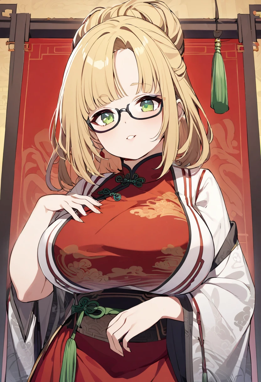 chubby girl, Blonde with green eyes, medium length hair, black glasses with square frames Chinese clothing style, Ancient China 