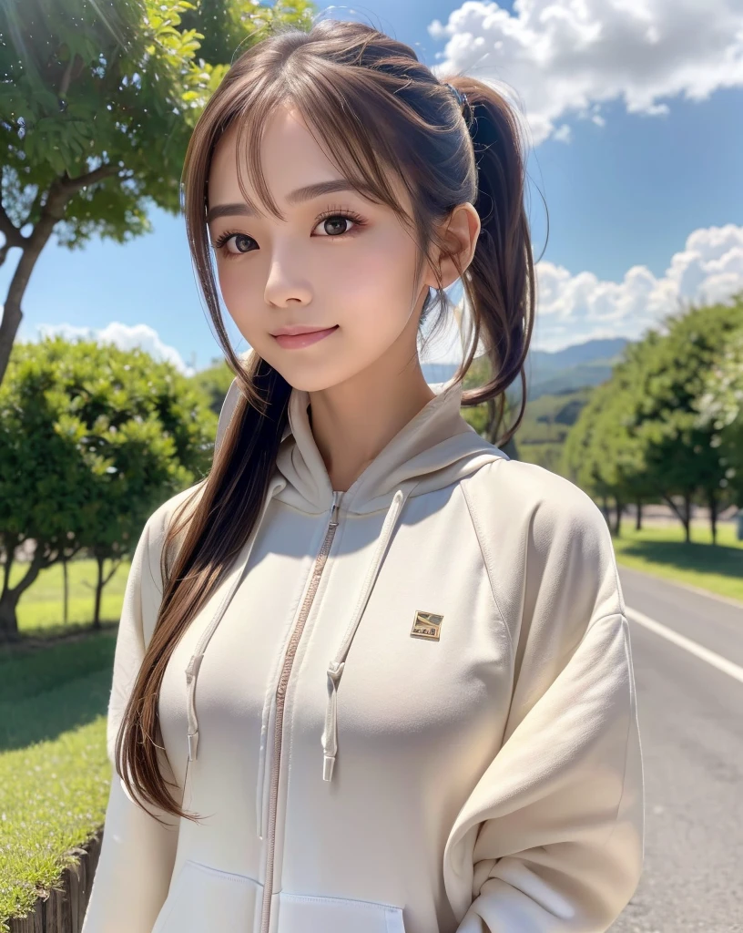 (Highest quality, 32k, High resolution, Masterpiece:1.5, ), marimo_jet, god々A photograph with brilliant dazzling and healing power., Evoking a sense of calm and elusive beauty, Expressing emotions, Have a rich imagination, (A narrow rural road stretching to the horizon), Nostalgic scenery of youth, Beautiful Japanese Girls, An exceptionally beautiful face, Small Face Beauty, Perfect Human Anatomy, Magical big eyes, Motherhood and generosity, Deep Love, fleeting smile, ((Shiny brown hair:1.1)), ((A beautiful ponytail swaying in the wind)), Asymmetrical bangs, Hair between the eyes, Transparent, soft white skin, Sharp eyebrows, Thin lashes, Natural Makeup, Cheek highlighter, Pale pink detailed lips, ((White zip hoodie:1.2)), Slim figure with ample breasts, High resolutionの美しい太もも, The morning sun pours down, Beautifully detailed skies, Professional Lighting, Professional photographer, Professional models, god秘的
