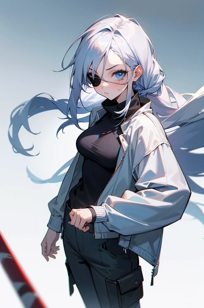 (absurdres, 8k, 4k, masterpiece, hyper extreme detailed:1.2), solo, 1girl, portrait, best quality, expressive eyes, perfect face, portrait, looking at viewer, solo, standing, casual wear, toned, white haired, eye patch, braided hair, long hair, medium breasts, scars, blue eyes, very long hair, military, cargo pants, white jacket,