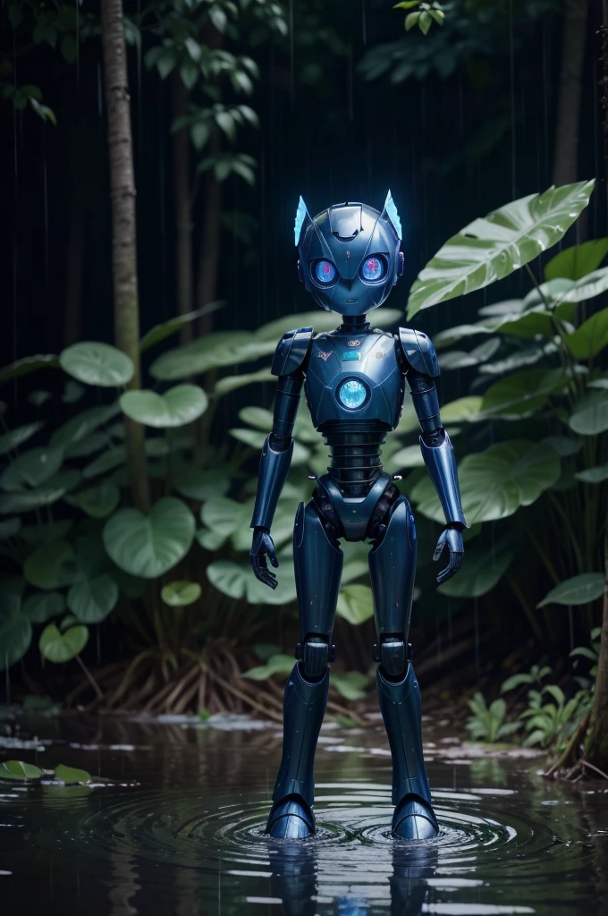A small robot with blue glowing eyes, stands in a swamp in the rain Around it are slowly moving colourful fireflys, butterflys and fluttering leaves., in the style of photo taken on film, film grain, vintage, 8k ultrafine detail, private press, associated press photo, masterpiece, cinematic

