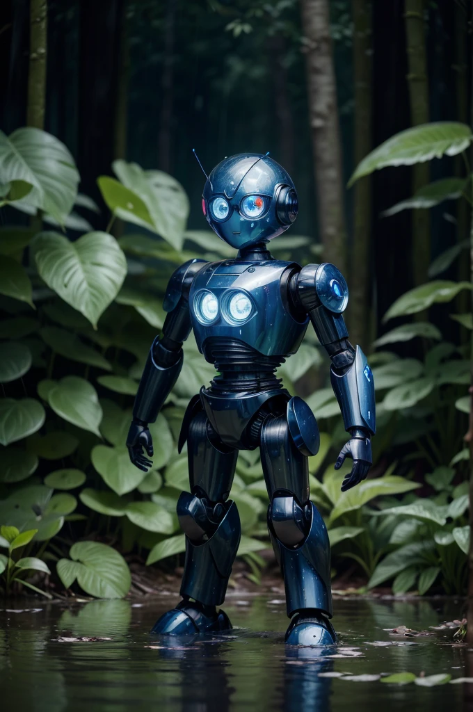 A small robot with blue glowing eyes, stands in a swamp in the rain Around it are slowly moving colourful fireflys, butterflys and fluttering leaves., in the style of photo taken on film, film grain, vintage, 8k ultrafine detail, private press, associated press photo, masterpiece, cinematic
