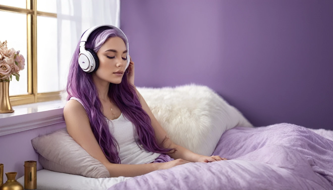 8k, digital image, hdr, sitting sideways, in the bedroom, dark lilac room, windows, a beautiful woman, 26 years old, sitting on the bed sideways, very beautiful, eyes closed, long purple hair, with blutouth headphones, headphones by ear, ivory column with gold