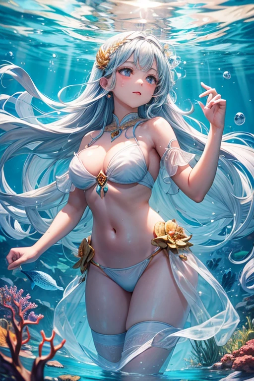 flat chests, nsfw, masterpiece, 1 girl, erect nipples, intricately detailed, topless, navel, bare shoulders, necklace, blue hair, embarrassed, loincloth, rock, gold trimmings, gold circlet, extremely detailed, photorealistic, octane render, 8 k, unreal engine, bare breasts, , closed eyes, carrying staff, blue gemstone, fantasy, enchanted, trident, magical, mage, bare stomach, sweaty, moist breath, , arm strap, 1 side braid, atlantis, gold crown, underwater, swimming, gold arm strap, fish, corals