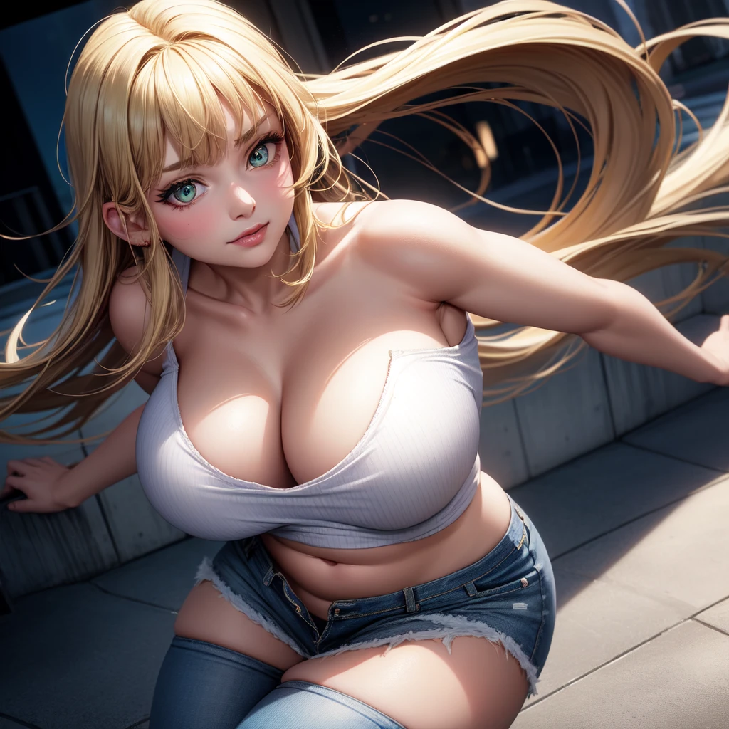 One girl, solo, Big round breasts, clevage, curvy body, realistic, blonde hair, light green eyes, amazing big eyes, eye details, eyebrow details, white crop top, denim skirt, big lips, blush, confident, dominant, bdsm, smirk, naughty, mischevious face, HD, good quality, crop top, curvy, standing up, lounge area