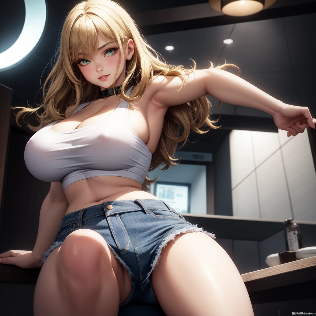 One girl, solo, Big round breasts, clevage, curvy body, realistic, blonde hair, light green eyes, amazing big eyes, eye details, eyebrow details, white crop top, denim skirt, big lips, blush, confident, dominant, bdsm, smirk, naughty, mischevious face, HD, good quality, crop top, curvy, standing up, lounge area