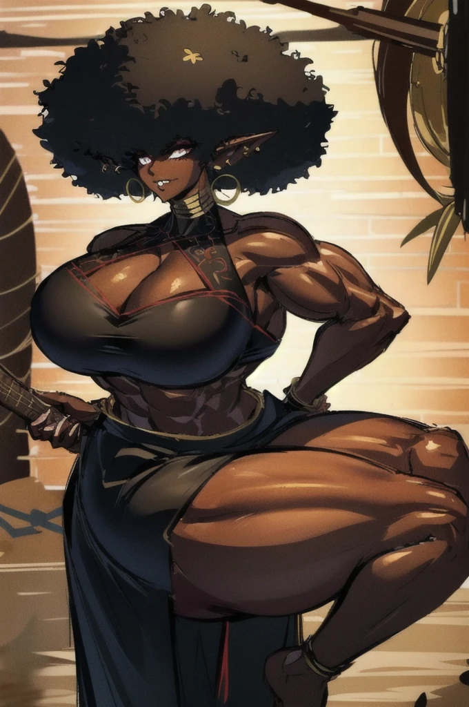 (masterpiece, best quality:1.2),1 girl, voluptuous body, full body, masterpiece, dominant pose, good anatomy, no extra limbs, big ass, thick thighs, black hair, voluminous afro, pointy ears, gold earrings, black top with red details, black skirt with red details, gold necklaces