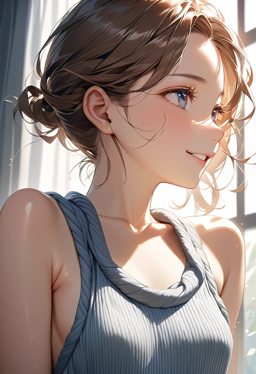 masterpiece, upper body shot profile, 12-year-old 1loli、independent、Look forward、Light eye makeup、Brown Hair Color、flat 、Hair blowing in the wind、Quality of actress、Shiny, Ultra-realistic faces、smile、Watery eyes、look up、Soothing lighting effects、 Ultra-Realistic Capture、Very detailed、High resolution 16k human skin closeup, Skin texture must be natural、Must be so detailed that pores are visible、skin is healthy、Must be of knitwear tone、Use natural light and color、High quality photos taken by modeling agencies, Exclusive photographer、smile, loose and light weight knitwear, shoulder out, no bra, sleeveless, showing small sideboob of the tiny breasts, pretty infant:1.3