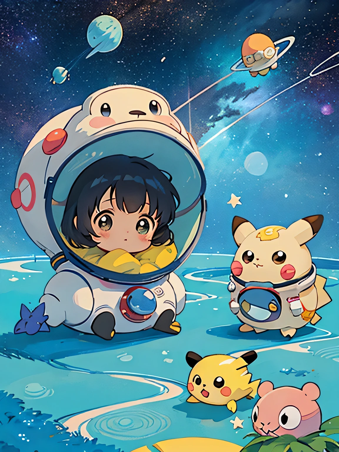 Hayao Miyazaki style、Kawaii Design, most beautiful girl ever、Chibi, (((Space Explorers)))、Spaceship, Pikachu, Totoro, Lunar Surface, Colorful and cute pillbugs, Mickey Mouse