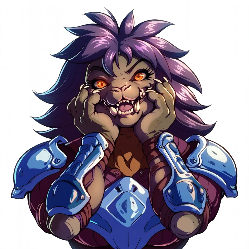 score_9, score_8_up, score_7_up, score_6_up, score_5_up, score_4_up,
1girl,
solo,
female,
furry,
furry female,
anthro,
alien, dark purple messy long hair,
muscular,
countershading,
detailed soft,
source_furry,
face,
teeth,
claws,
muscular female,
big tits, blue armor
simple background,
white background,
yandere trance, portrait, hands on face, tilted head, creepy 