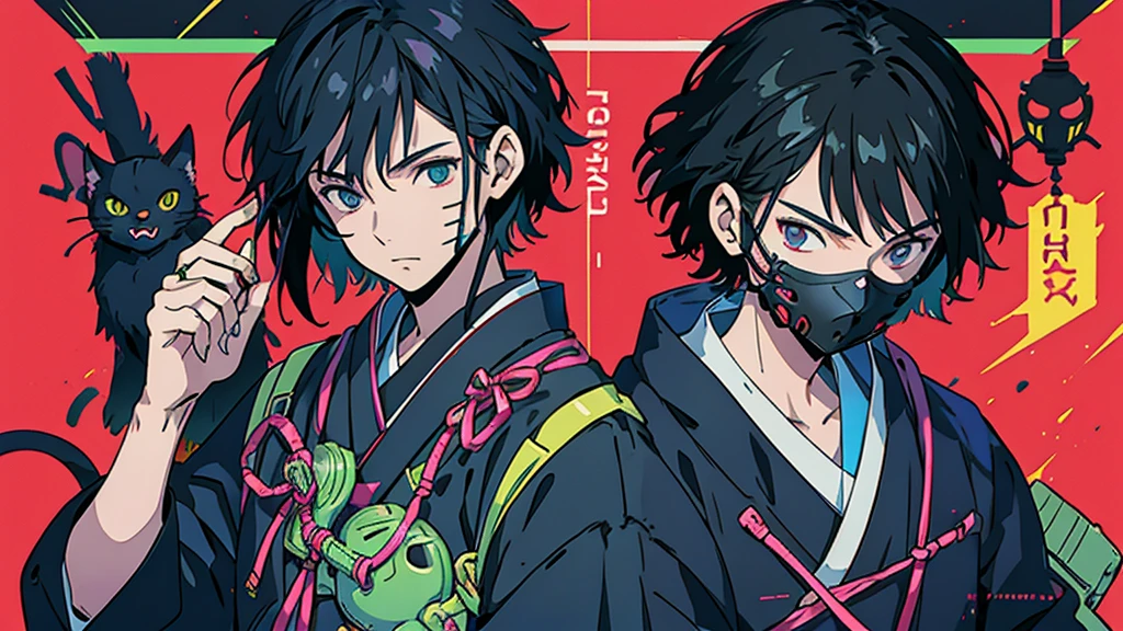 Cat mask Black-haired man Anime Style Highest quality Japanese Delicate quality Beautiful illustrations High quality down to the last detail
