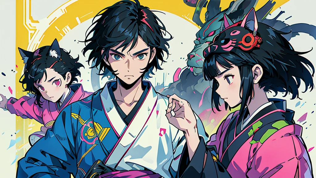 Cat mask Black-haired man Anime Style Highest quality Japanese Delicate quality Beautiful illustrations High quality down to the last detail