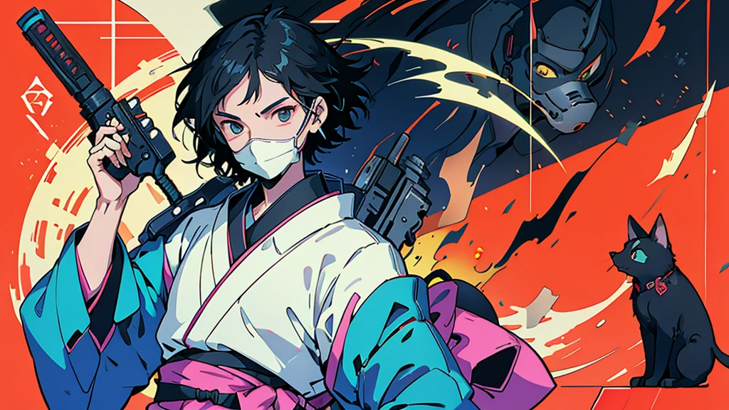 Cat mask Black-haired man Anime Style Highest quality Japanese Delicate quality Beautiful illustrations High quality down to the last detail