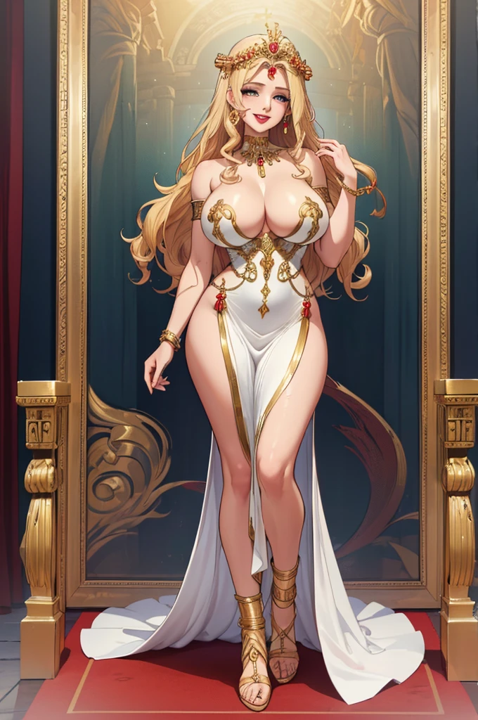 (masterpiece, best quality, high resolution, ((full body standing)), ((huge breasts))1 beautiful woman, Greek goddess "aphrodite", very long curly blonde hair, red lips, fantasy Greek goddess dress full body, greek goddess jewelry, greek goddess headdress, flirtatious smile,