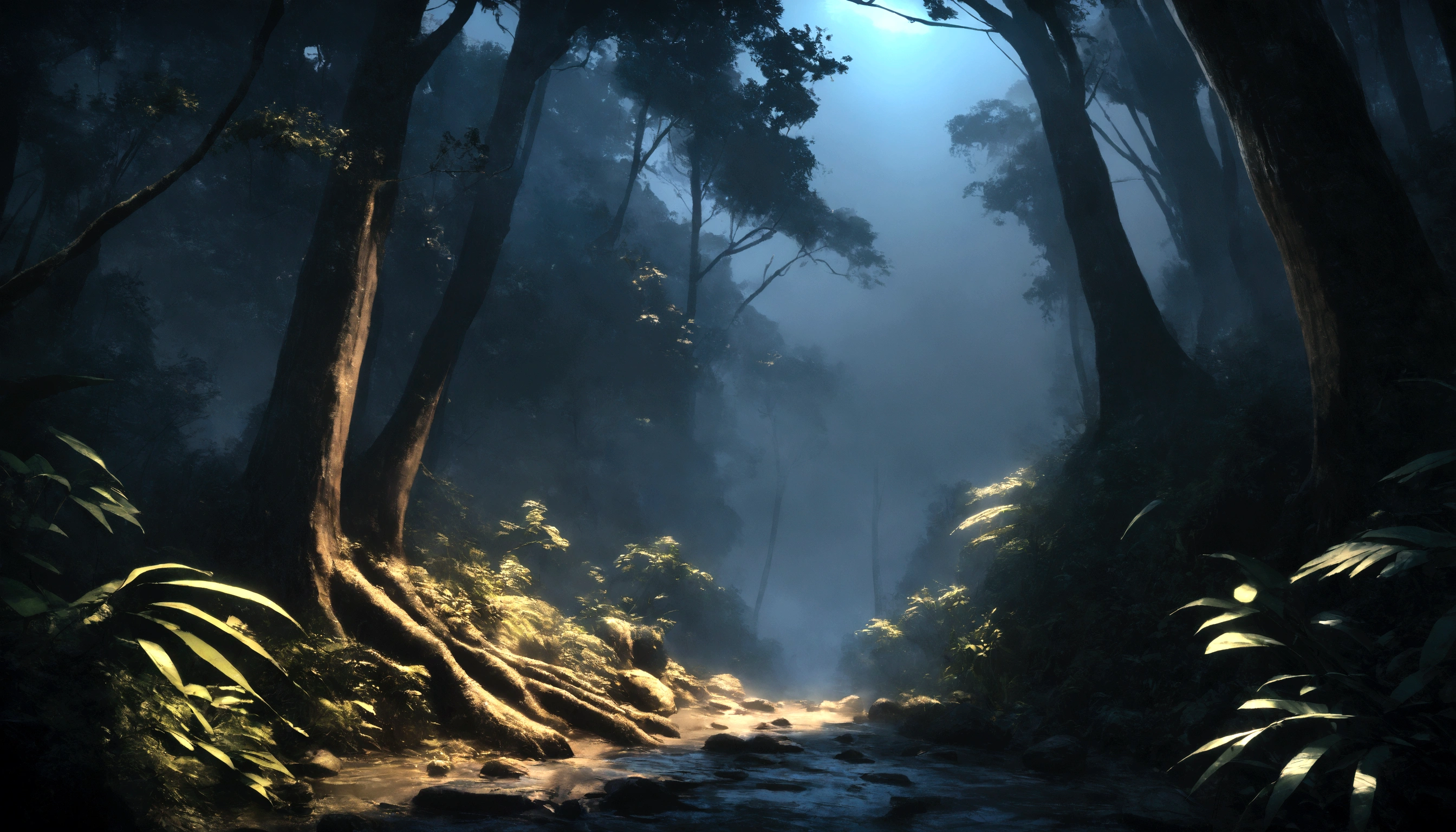 4k realistic brazilian forest, at night, no yellow light
