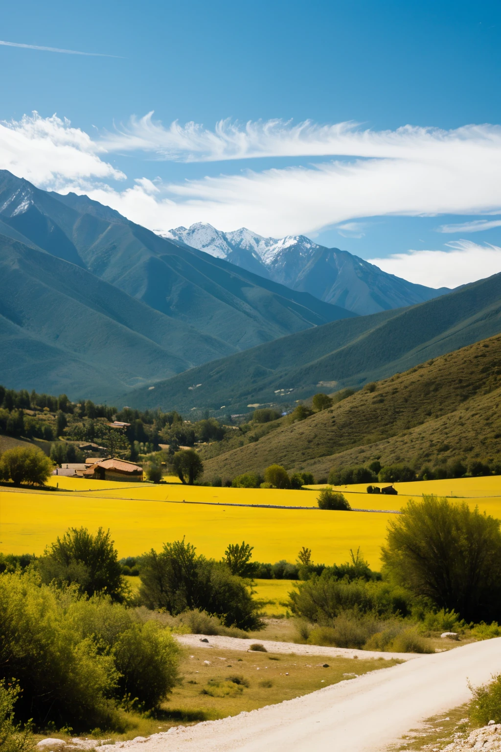 Landscape with mountains, arroyo, pinos y nubes