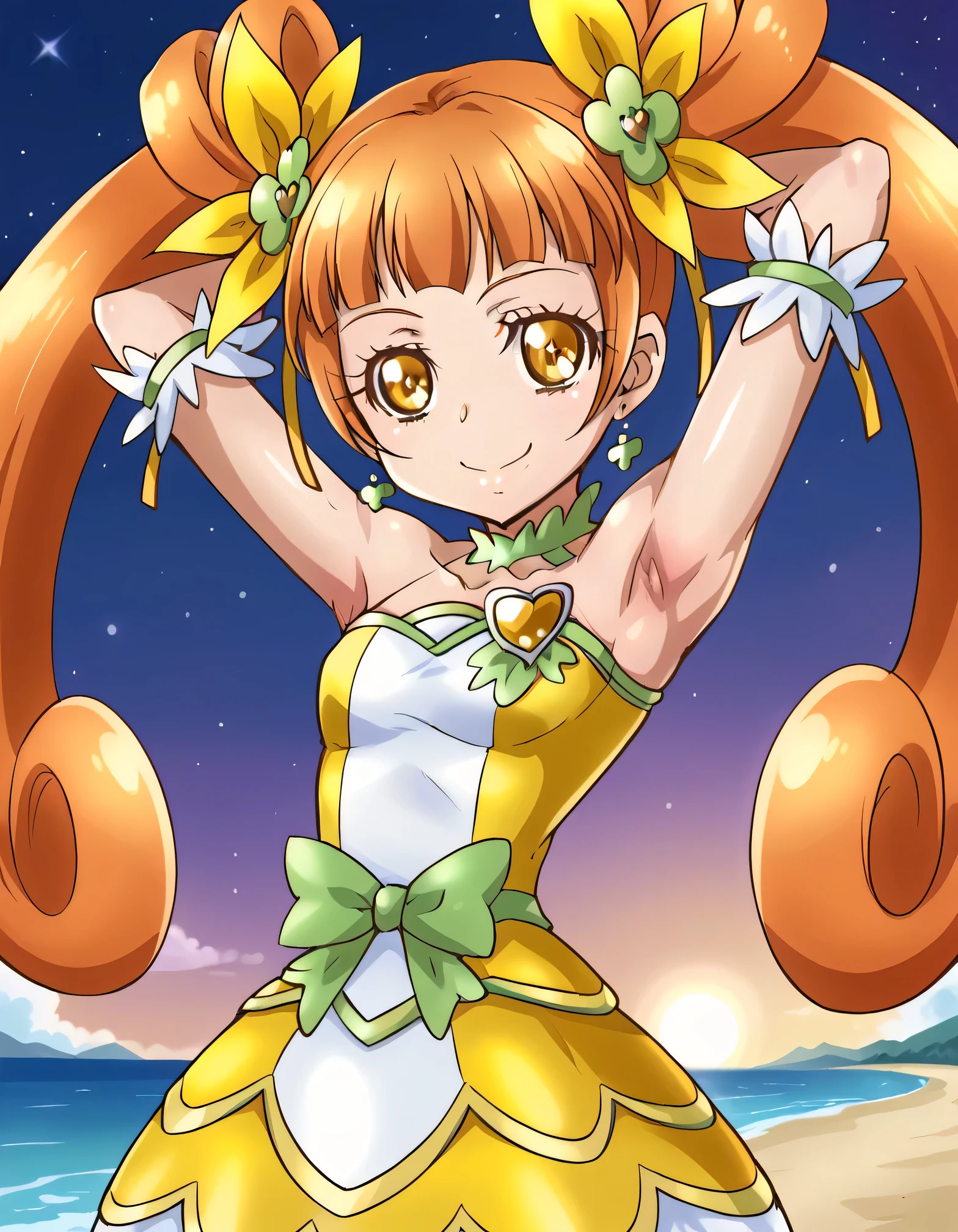 curerosetta, shiny skin, high quality, solo, 1girl, night sky, beach, arm behind head, hand on hip, (contrapposto), closed mouth, spread armpits, cowboy shot, looking at viewer, smile, best quality,