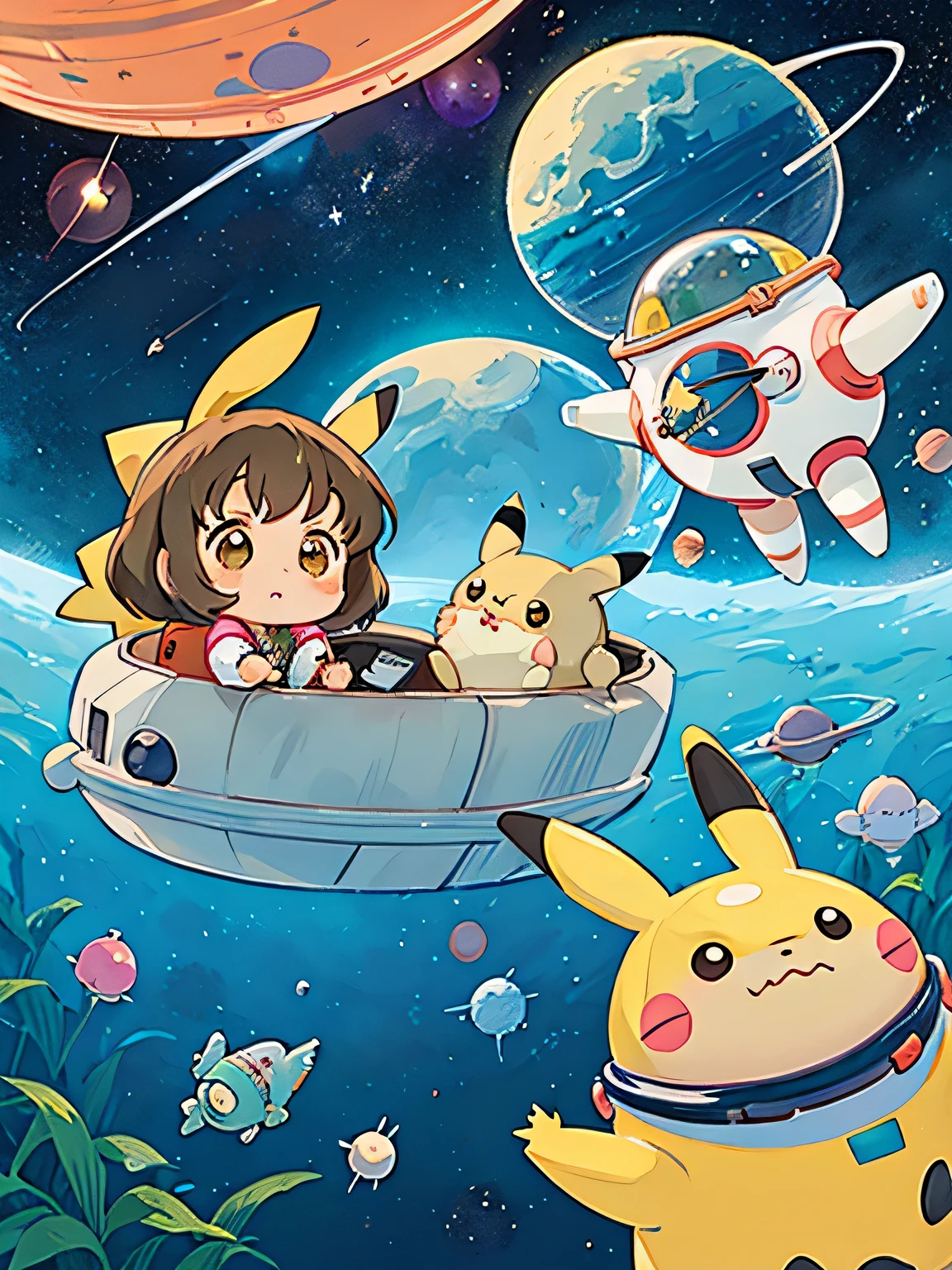 Hayao Miyazaki style、Kawaii Design, most beautiful girl ever、Chibi, (((Space Explorers)))、Spaceship, Pikachu, Totoro, Lunar Surface, Colorful and cute pillbugs, Cute Fairy