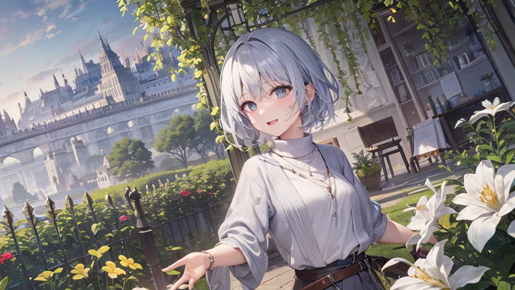 Her eyes were shining、Mysterious and enchanting atmosphere。With AI Painting、とてもShort Hair, Long bangs between the eyes, Grey Eyes , Very detailed,(masterpiece、Highest quality)、alone、Gray Hair、Fantasy, Silver Hair, Beautiful Eyes,Ecstasy, charm, attract the audience, Fantasyな風景、White shirt、smile、Open your mouth、Scarf、short hair、Short Hair、hairpin、Dark Eyes