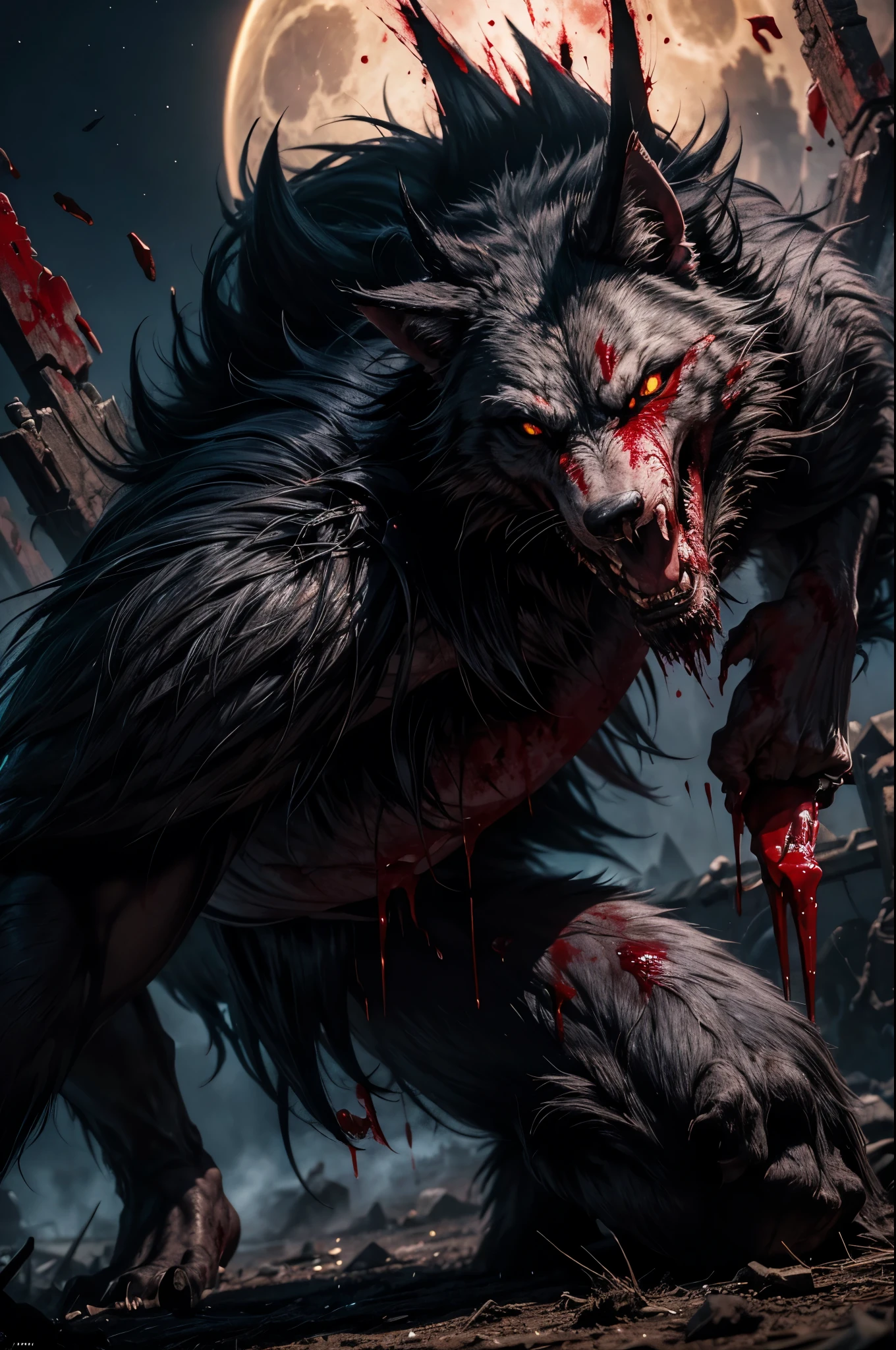 slim werewolf backwards, looking over shoulders with great fangs,sharp nails with blood,black fur,angry face,action pose,full moon at night,fog, on ground,(blood: 1.5),detailed,realistic,4k