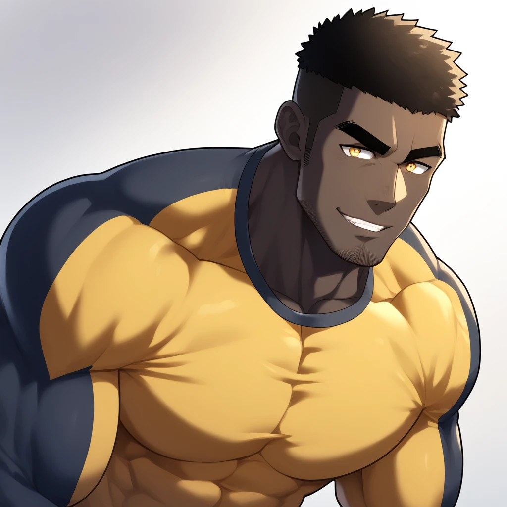 negro, negro, negro, anime characters:Gyee, Muscle Sports Student, negro black skin, 1 muscular tough guy, Manliness, male focus, Dark grey and Yellow long sleeve tights, Very tight, The pectoral muscles are oversized, Slightly transparent, muscular male, muscular, only, Upper body, alone, Black short hair, Thick eyebrows, stubble, Yellow eyes, White background, simple background, amazing quality, best aesthetics, Ridiculous, bright pupils, crew cut, parted lips, seductive smile, torogao, naughty face, drop shadow, best quality