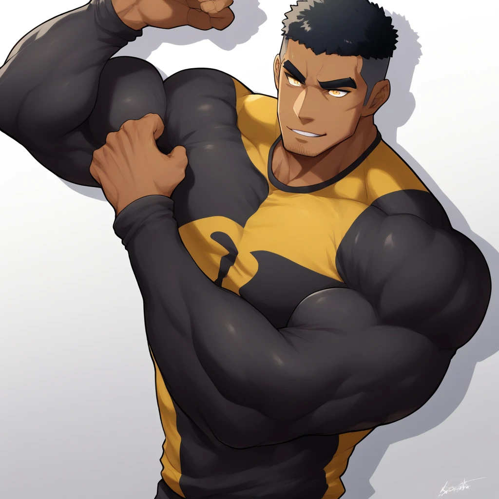 negro, negro, negro, anime characters：Gyee, Muscle Sports Student, negro black skin, 1 muscular tough guy, Manliness, male focus, Dark grey and Yellow long sleeve tights, Very tight, The pectoral muscles are oversized, Slightly transparent, muscular male, muscular, only, Upper body, alone, Black short hair, Thick eyebrows, stubble, Yellow eyes, White background, simple background, amazing quality, best aesthetics, Ridiculous, bright pupils, crew cut, parted lips, seductive smile, torogao, naughty face, drop shadow, best quality