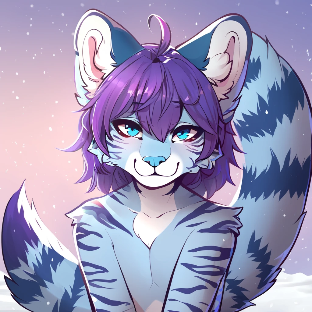 feline, mammal, anthro, anthromorphic, snow, leopard, striped_feline, fur, furred_anthro, femboy, male, bangs, ear_tufts, blue_nose, paws, hair_tuft, hair_between_eyes, long_tail, fluffy, feline_ears, expressive_eyes, purple_hair, light looking_at_viewer, blue_fur, shy, small_pupils, spotted_pattern, stripes, tiger_stripes, digital_art, high_resolution, high_res, tealblue_background