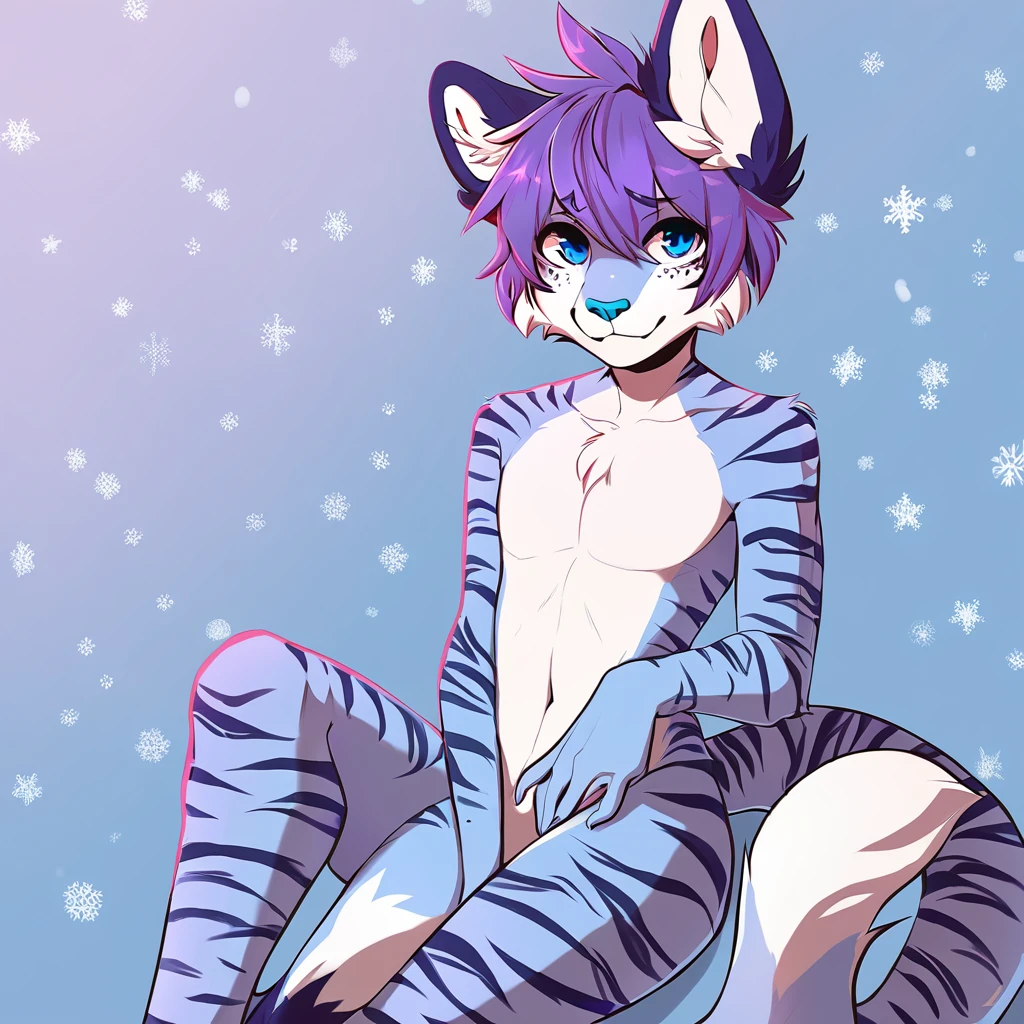 adult, feline, mammal, anthro, anthromorphic, snow, leopard, striped_feline, fur, furred_anthro, fluffy_tail. femboy, male, bangs, ear_tufts, blue_nose, blue_fingers, hair_tuft, hair_between_eyes, short_tail, fluffy, feline_ears, expressive_eyes, purple_hair, light looking_at_viewer, legs, legs_visible, thighs, blue_paws, blue_fur, shy, small_pupils, spotted_pattern, stripes, tail, tail_connected_to_body tiger_stripes, digital_art, high_resolution, high_res, tealblue_background fit, thigh_high, thigh_high_socks, blue_thigh_high_socks, light_blue_and_white_striped