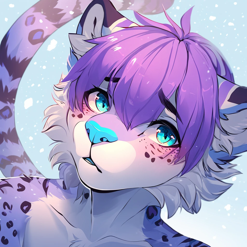 feline, mammal, anthro, anthromorphic, snow, leopard, striped_feline, fur, furred_anthro, femboy, male, bangs, ear_tufts, blue_nose, paws, hair_tuft, hair_between_eyes, long_tail, fluffy, feline_ears, expressive_eyes, purple_hair, light looking_at_viewer, blue_fur, shy, small_pupils, spotted_pattern, stripes, tiger_stripes, digital_art, high_resolution, high_res, tealblue_background