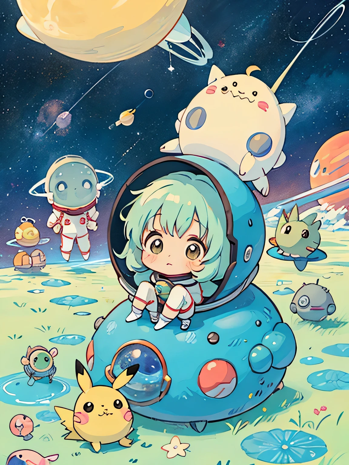 Hayao Miyazaki style、Kawaii Design, most beautiful girl ever、Chibi, (((Space Explorers)))、Spaceship, Pikachu, Totoro, Lunar Surface, Colorful and cute pillbugs, Cute Fairy