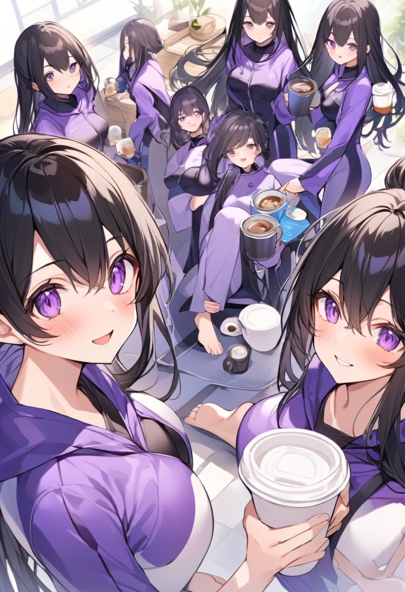 Wearing a purple diving suit、barefoot。hair is black、Purple eyes。Breasts are K cup。The skin is white and、Long hair。Has one brother and one sister。My sister has an E cup。All of them have black hair。6 siblings。It&#39;s like diving into the ocean and looking at the coral reefs and fish.。Like we&#39;re lined up on the beach with the beach housey brother is wearing a black diving suit.。I have one older brother.。I have five sisters.。A total of 6 people including myself。