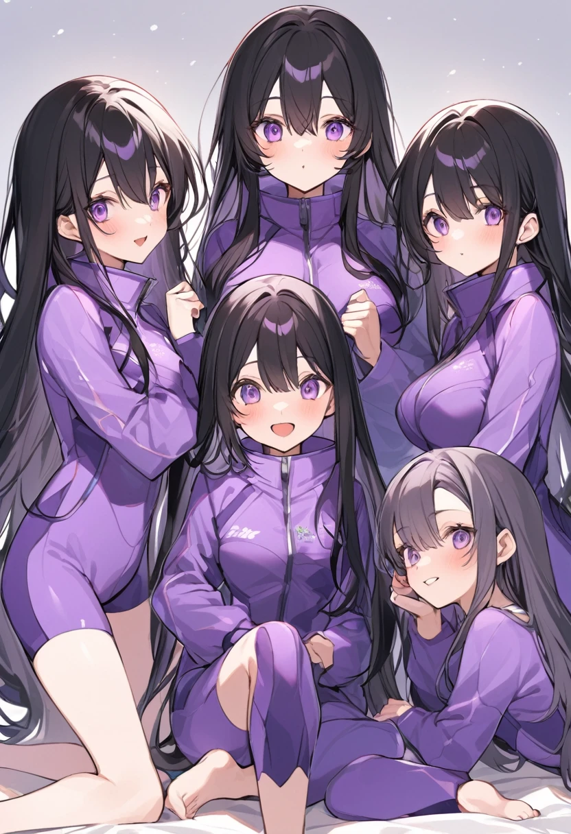 Wearing a purple diving suit、barefoot。hair is black、Purple eyes。Breasts are K cup。The skin is white and、Long hair。Has one brother and one sister。My sister has an E cup。All of them have black hair。6 siblings。It's like diving into the ocean and looking at the coral reefs and fish.。Like we're lined up on the beach with the beach housey brother is wearing a black diving suit.。I have one older brother.。I have five sisters.。A total of 6 people including myself。