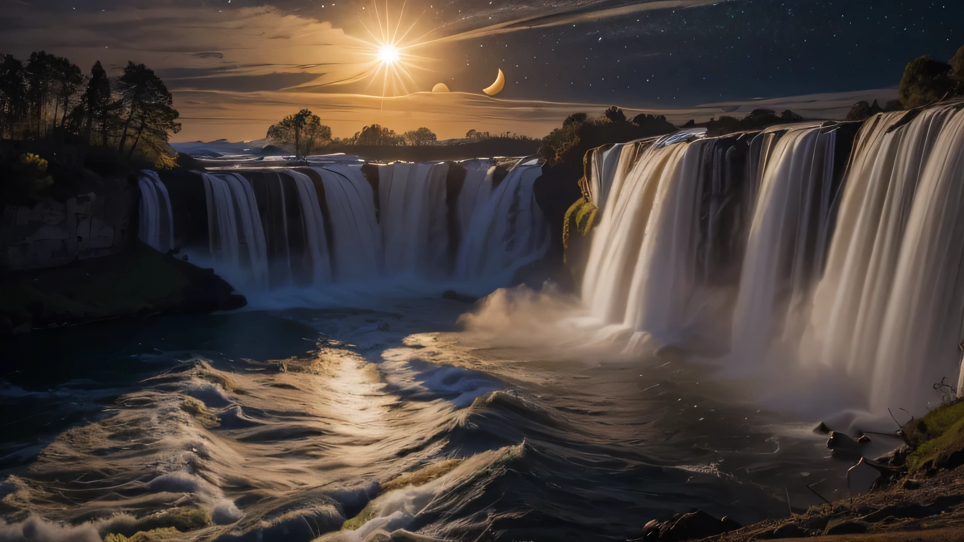 masterpiece, (Total Solar Eclipse:1.2), When the sun's embrace gives way to the moon's shadow, Niagara Falls enters a cosmic ballet. Darkness envelopes the waterfall, Surround them with an aura of mystery. Surreal lights dance on the water, Cast magic spells. A celestial show unfolds, evoke a sense of wonder and awe. A mix of natural grandeur and a touch of magic, Weaving dreams into reality. Behold, Earth Convergence, null, And the unknown, Fleeting、And an eternal moment, 16K, Ultra-high resolution.Realistic, Ultra-high resolution, born, Wide-angle,