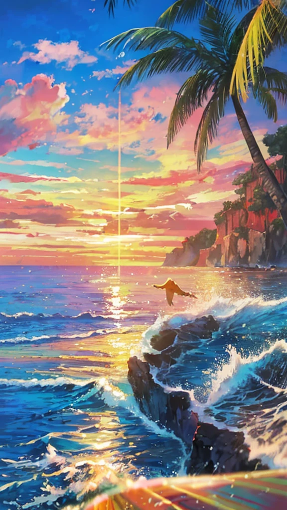 (male,Medium meat),(short,Blonde),(Riding Wiglet:1.1,It looks like a surfboard),(Through the waves),(Beyond the Sunset).,(Highest quality:1.2),(Very detailed),(practical:1.37),(landscape),(Bright colors),(Warm, vibrant colors),(soft, Golden Light),(Sparkling reflections on the water), Anime Style，Ocean，Oceanのビーチ，Coconut Tree，Seagull，Baiyun，A small island in the distance