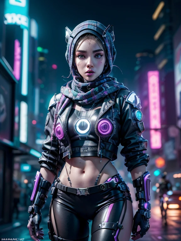 (Photorealistic:1.4) image of a cyber punk girl in hijab, (top-quality, 8K, 32K, masterpiece), (dynamic pose), ((facing camera)), (looking at camera), cowboy shot, shapeless hijab, colorful hijab, colorful cyberpunk clothing, depth of field f/1.8, cyberpunk city background, cinematic lighting.