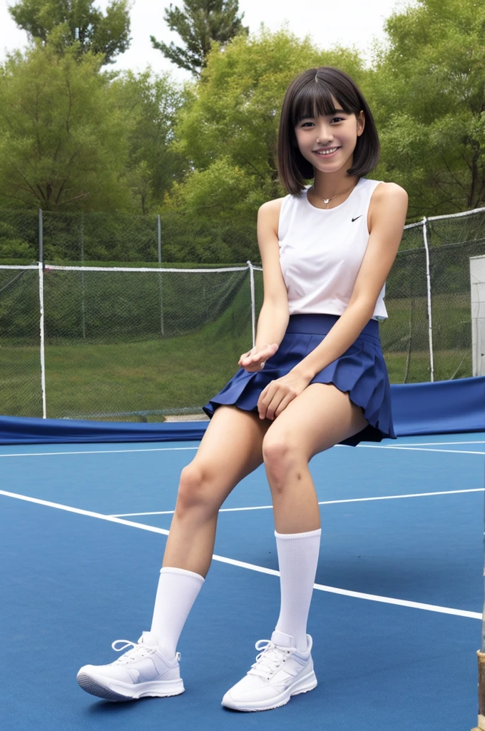 Pure Japanese tennis girl, outstanding body, beautiful legs, shiny white skin, sweat and wet, wearing tennis wear, natural hairstyles, sweet smile, sitting seductively on bench, secretly seduce me, sexual attractive, spread wide legs, refreshing in early summer morning, composition from the front, 