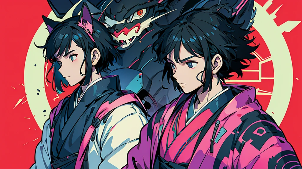 Cat Mask Black-haired man Anime Style Highest quality Japanese Delicate quality Beautiful illustrations High quality down to the last detail