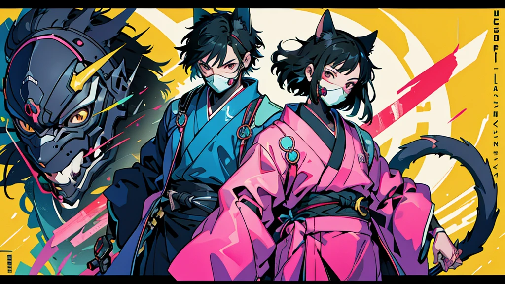 Cat Mask　Black-haired man　Anime Style　Highest quality　Japanese　Delicate quality　Beautiful illustrations　High quality down to the last detail
