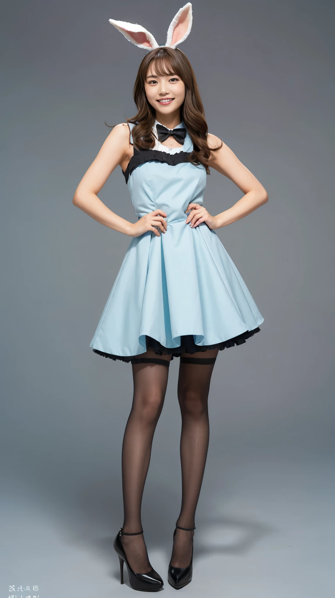 Bunny girl in a light blue maid outfit:1.5,Wearing light blue tights:1.5,The best smile:1.5,Full Body Shot:1.5,Gray background:1.5,Wearing black high heels:1.5,short cut side waves:1.5,