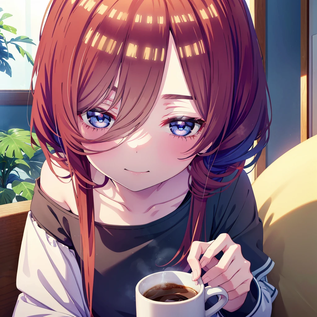 Mikunakano, miku nakano, Long Hair, bangs, blue eyes, Brown Hair, shirt, Hair between the eyes,smile,Open your mouth, Messy Hair,オーバサイズtshirt,One Shoulder,Black string underwear,barefoot,Sitting on the sofa,There is a coffee mug on the table,
break indoors, Bedroom,
break looking at viewer, whole body,
break (masterpiece:1.2), Highest quality, High resolution, unity 8k wallpaper, (figure:0.8), (Beautiful attention to detail:1.6), Highly detailed face, Perfect lighting, Highly detailed CG, (Perfect hands, Perfect Anatomy),