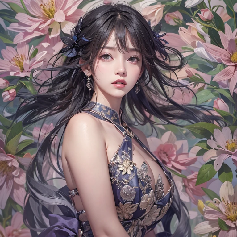 (From the outside) , many color,Best quality at best,8K,real photograph,Delicate skin details,tmasterpiece,photograph of-realistic,Complicated details,RAW photogr,on the garden,ssmile,florals,Gorgeous cheongsam,Extra-long hair,cropped shoulders,delicated face,Expose cleavage,decorations,Perfect Finger,Dissection is correct,shiny skins