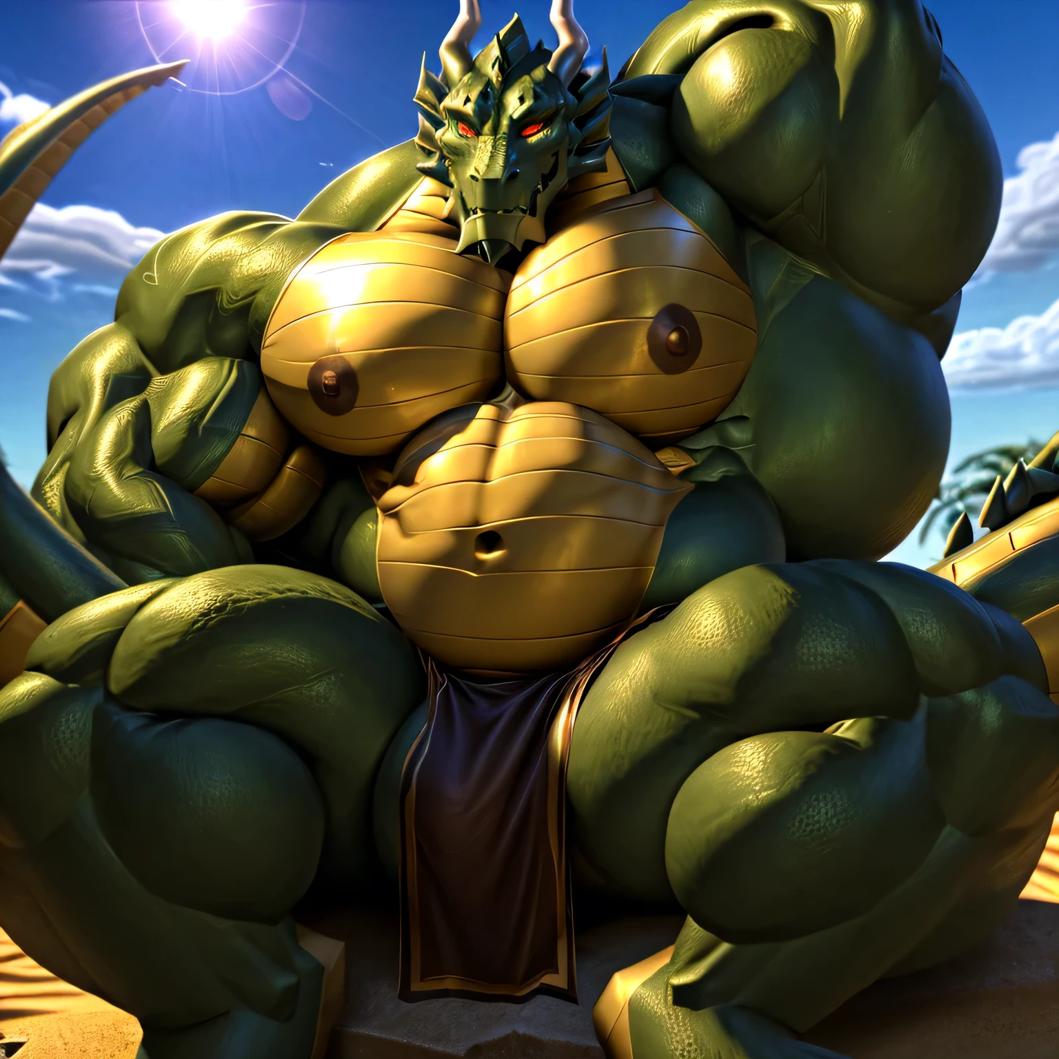 shendu, eastern dragon king, male dragon, eastern dragon,hefty body,  with very big muscles, hulking, huge, colossal body,  extremely strong, huge abdominal muscles, hefty abs, pecs, plump big muscle abs, Strong and robust muscle abs, daddy body muscle-gut abs, massive prominent muscle abs, sharp claws, legs,  feet, full body, loincloth,  nipples, sunlight, daylight, outdoor, bright , at noon,  good weather,  4k, best quality, dragon eyes, dragon tail.