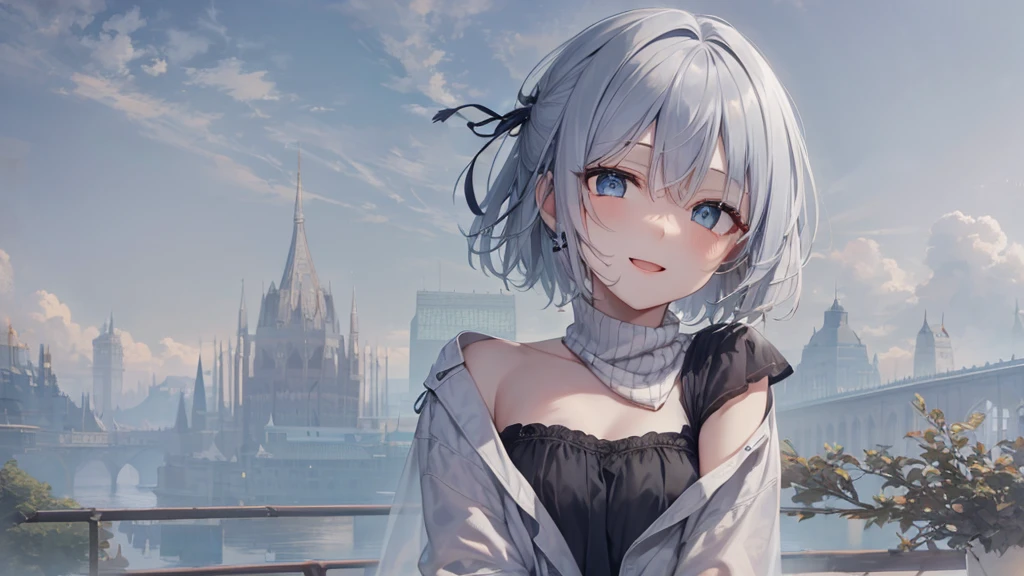 Her eyes were shining、Mysterious and enchanting atmosphere。With AI Painting、とてもShort Hair, Long bangs between the eyes, Grey Eyes , Very detailed,(masterpiece、Highest quality)、alone、Gray Hair、Fantasy, Silver Hair, Beautiful Eyes,Ecstasy, charm, attract the audience, Fantasyな風景、White shirt、smile、Open your mouth、Scarf、short hair、Short Hair、hairpin、Dark Eyes