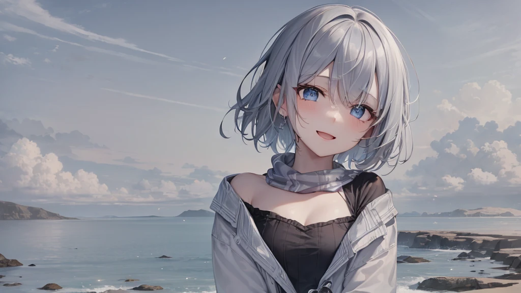 Her eyes were shining、Mysterious and enchanting atmosphere。With AI Painting、とてもShort Hair, Long bangs between the eyes, Grey Eyes , Very detailed,(masterpiece、Highest quality)、alone、Gray Hair、Fantasy, Silver Hair, Beautiful Eyes,Ecstasy, charm, attract the audience, Fantasyな風景、White shirt、smile、Open your mouth、Scarf、short hair、Short Hair、hairpin、Dark Eyes