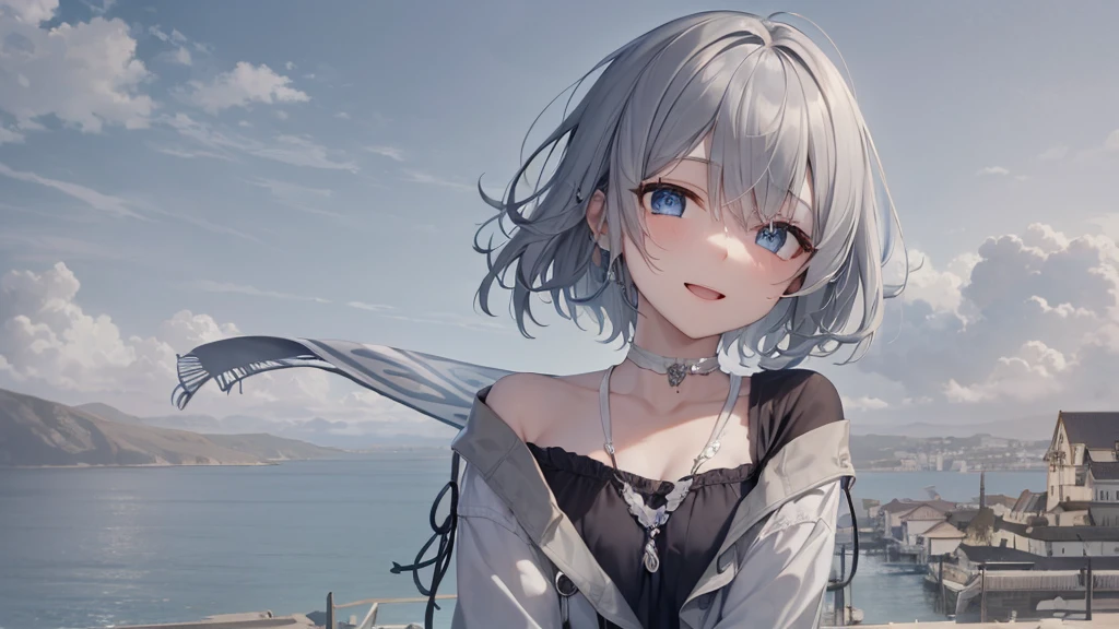 Her eyes were shining、Mysterious and enchanting atmosphere。With AI Painting、とてもShort Hair, Long bangs between the eyes, Grey Eyes , Very detailed,(masterpiece、Highest quality)、alone、Gray Hair、Fantasy, Silver Hair, Beautiful Eyes,Ecstasy, charm, attract the audience, Fantasyな風景、White shirt、smile、Open your mouth、Scarf、short hair、Short Hair、hairpin、Dark Eyes