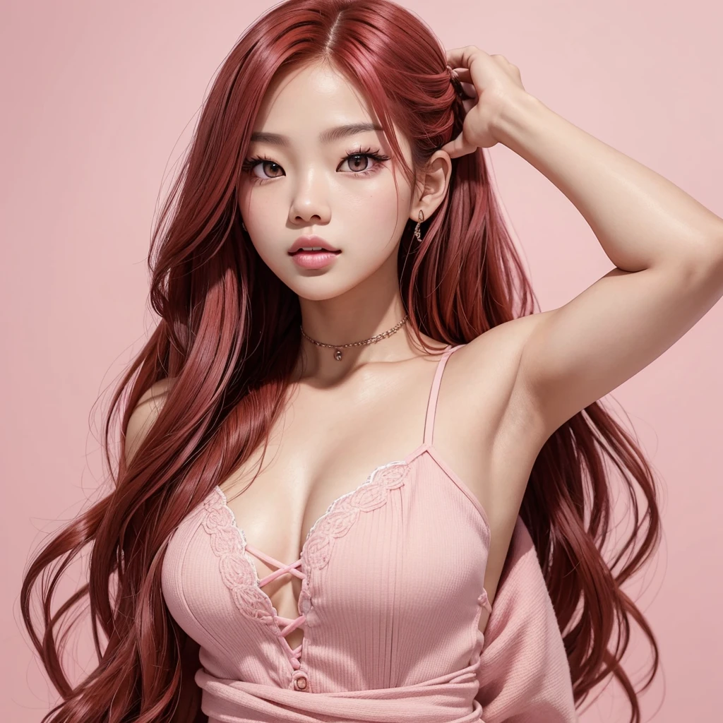 make a banner of a woman with: glowing skin, lips, sacimaer detailed skin, Beautiful face and detailed pink eyes, Spotlight, professional lighting, 1 girl, Alone, long hair, wearing a cute and lovely outfit, natural pose, lips, indoor, realistic, I want the whole image be created, face and body of blackpink's Jennie kim with red hair and in four places with different poses doing random things  on a background of some rosy place It can be a completely pink background like a wall a clean background without shadows or objects 