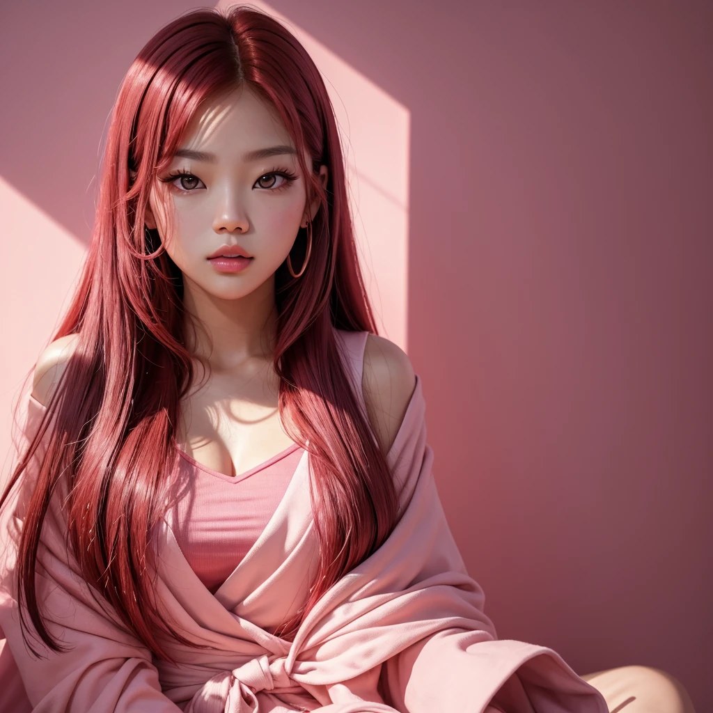 make a banner of a woman with: glowing skin, lips, sacimaer detailed skin, Beautiful face and detailed pink eyes, Spotlight, professional lighting, 1 girl, Alone, long hair, wearing a cute and lovely outfit, natural pose, lips, indoor, realistic, I want the whole image be created, face and body of blackpink's Jennie kim with red hair and in four places with different poses doing random things  on a background of some rosy place It can be a completely pink background like a wall a clean background without shadows or objects 